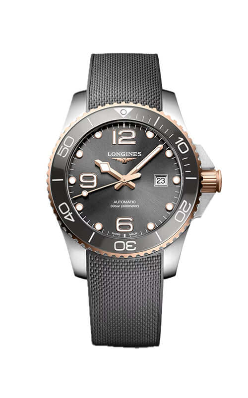 Longines watch with black dial and gray strap on a white background

Longines HydroConquest L37823789 | Bandiera Jewellers
