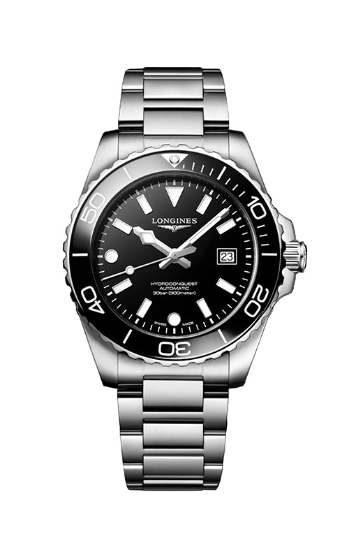 Silver watch with black dial on a white background

Longines HydroConquest L37884566 Bandiera Jewellers