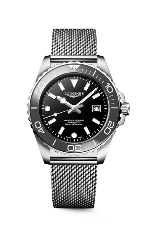 Silver watch with black dial on a white background

Longines HydroConquest L37884706 Bandiera Jewellers