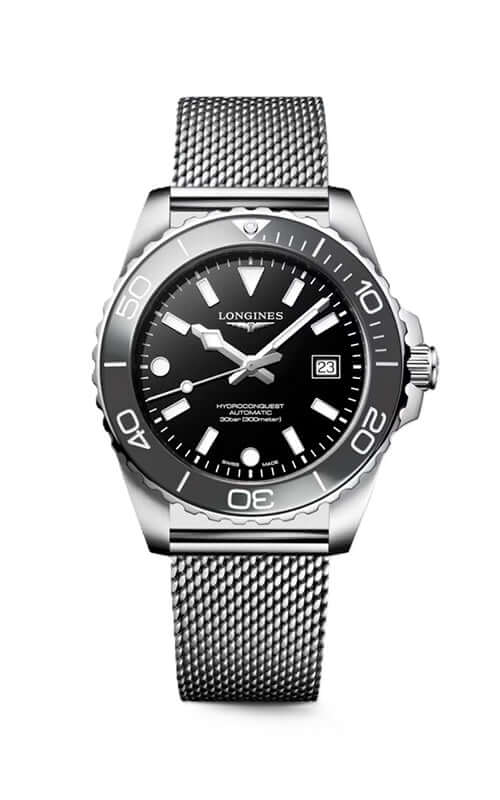 Silver watch with black dial on a white background

Longines HydroConquest L37884706 Bandiera Jewellers