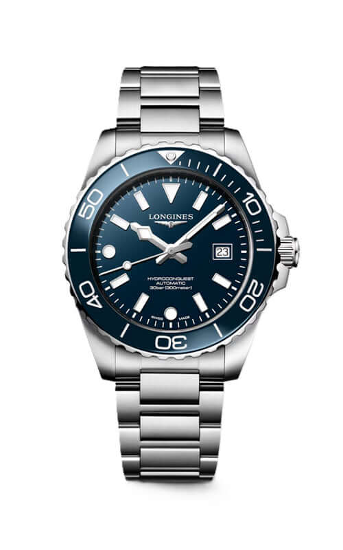 Silver and blue watch with 'Longines' branding on a white background

Longines HydroConquest L37884966 Bandiera Jewellers