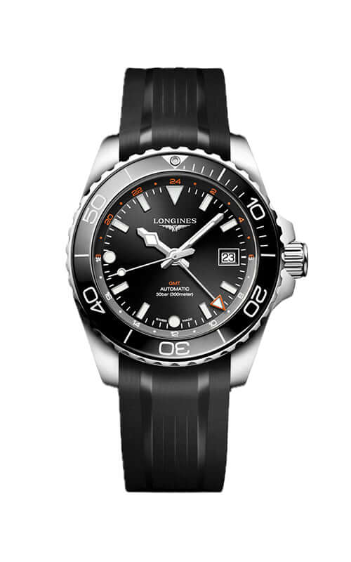 Longines watch with black dial and rubber strap on a white background

Longines HydroConquest L37904569 | Bandiera Jewellers