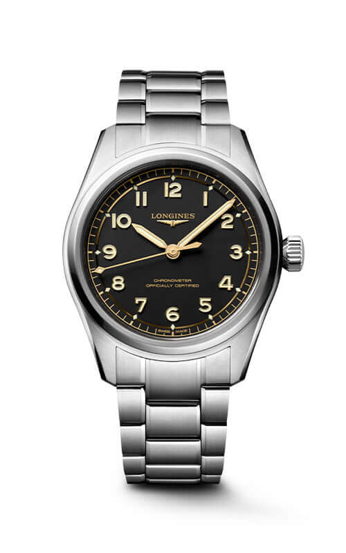 Silver watch with black dial on a white background

Longines Spirit Pilot L38094536 Bandiera Jewellers
