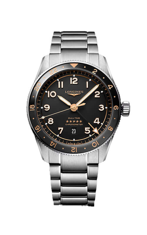 Longines watch with black dial and silver bracelet on a white background

Longines Spirit Zulu L38124506 | Bandiera Jewellers