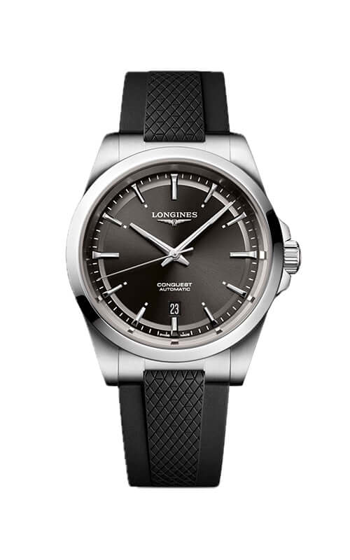 Longines watch with black dial and leather strap on a white background

Longines Conquest L38304529 | Bandiera Jewellers