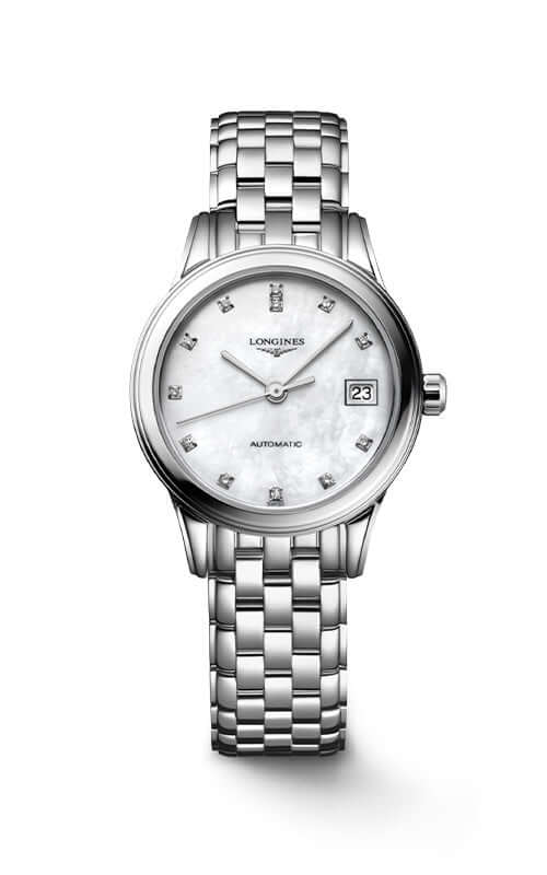 Silver Longines watch with a white face on a white background

Longines Flagship Classic Automatic Watch L42744276 Bandiera Jewellers