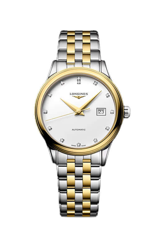 Two-tone watch with gold and silver bracelet on a white background

Longines Flagship Classic Collection L43743177 | Bandiera Jewellers