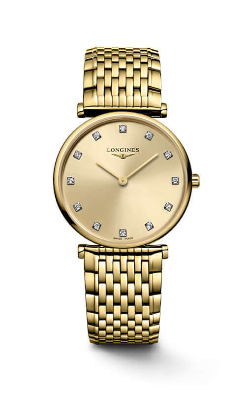 Gold wristwatch with diamond accents on a white background

LONGINES LA GRANDE CLASSIQUE DE LONGINES L45122378 Bandiera Jewellers