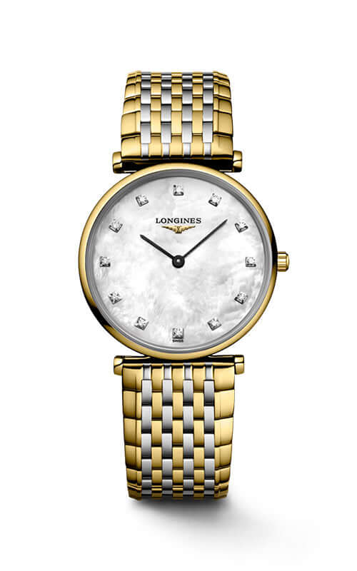 Gold and silver watch with a white face on a white background

LONGINES LA GRANDE CLASSIQUE DE LONGINES L45122877 Bandiera Jewellers
