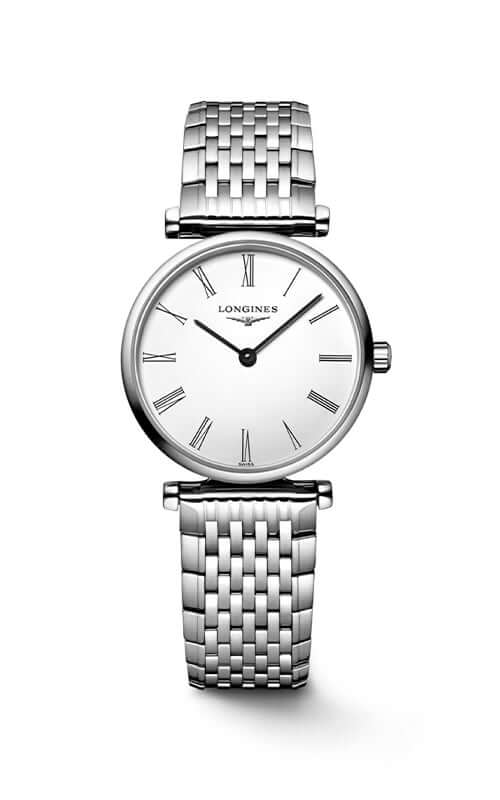 Silver watch with a white face on a white background

LONGINES LA GRANDE CLASSIQUE DE LONGINES L45124116 Bandiera Jewellers