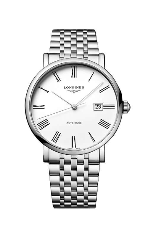 Silver Longines watch with a white face on a white background

Longines Elegant Collection L49114116 Bandiera Jewellers