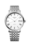 Silver Longines watch with a white face on a white background

Longines Elegant Collection L49114116 Bandiera Jewellers