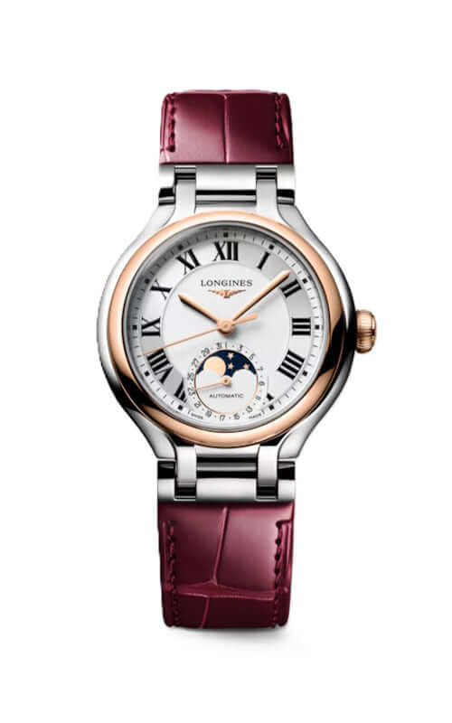 Watch with a red strap and silver case on a white background

Longines PrimaLuna Moonphase L81265712 Bandiera Jewellers
