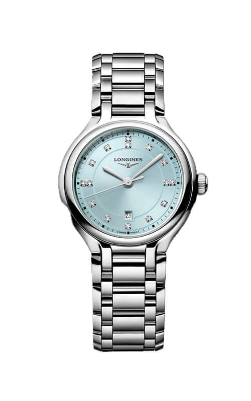 Silver watch with a light blue face on a white background

Longines PrimaLuna Collection L81424976 | Bandiera Jewellers