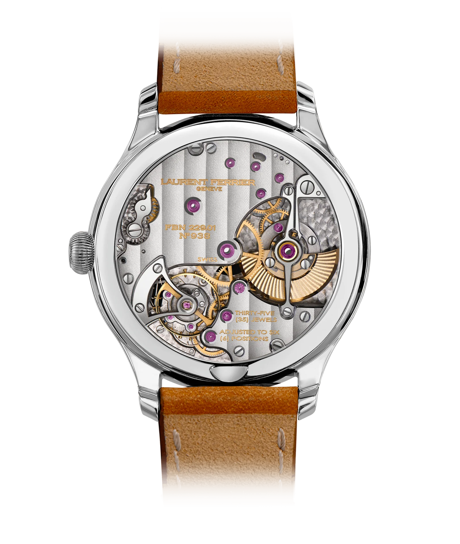 A Laurent Ferréi wristwatch with a round silver-tone case, a light blue sunburst dial featuring a small subdial, and a tan leather strap with white stitching, shown against a plain white background.