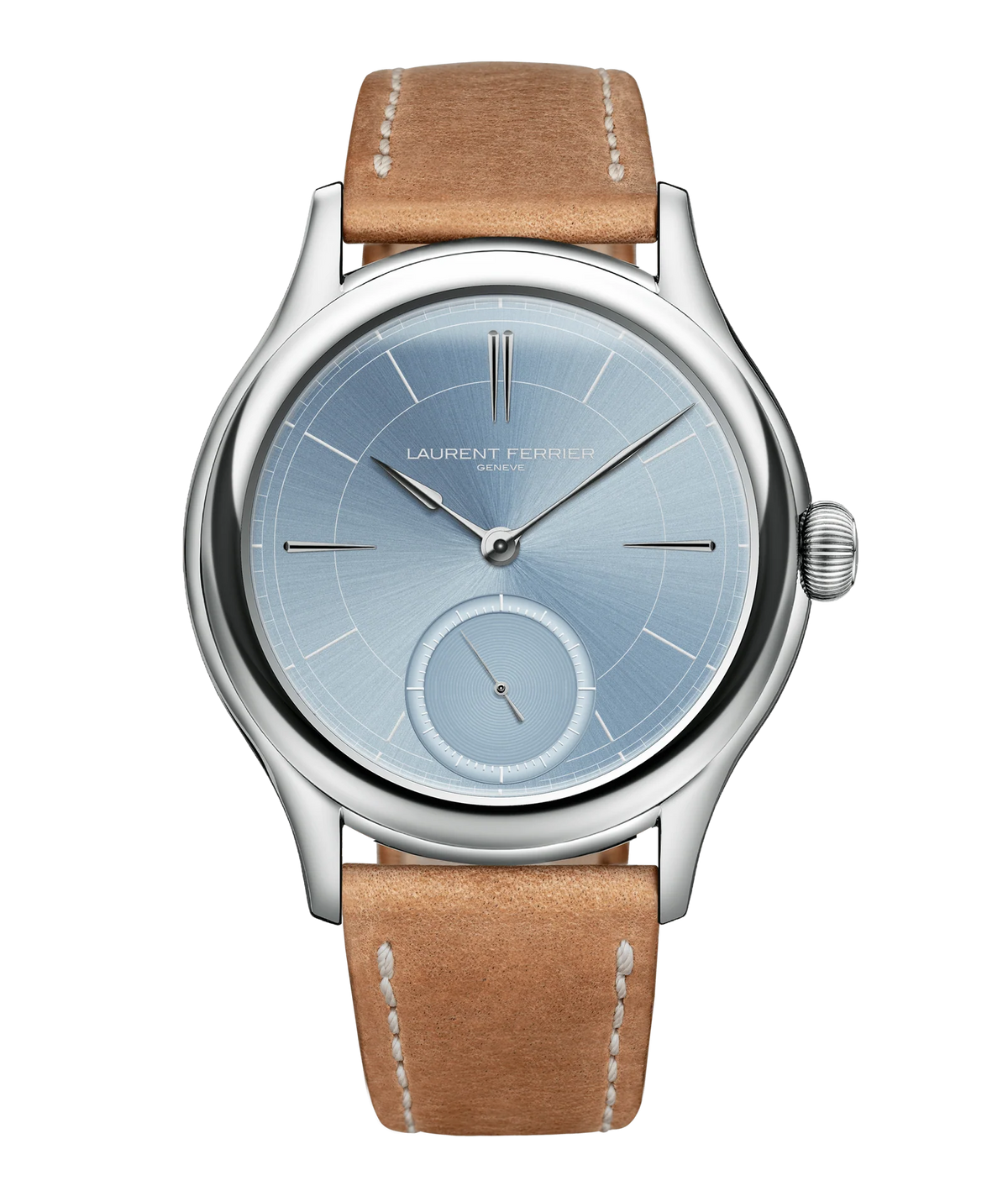A Laurent Ferréi wristwatch with a round silver-tone case, a light blue sunburst dial featuring a small subdial, and a tan leather strap with white stitching, shown against a plain white background.
