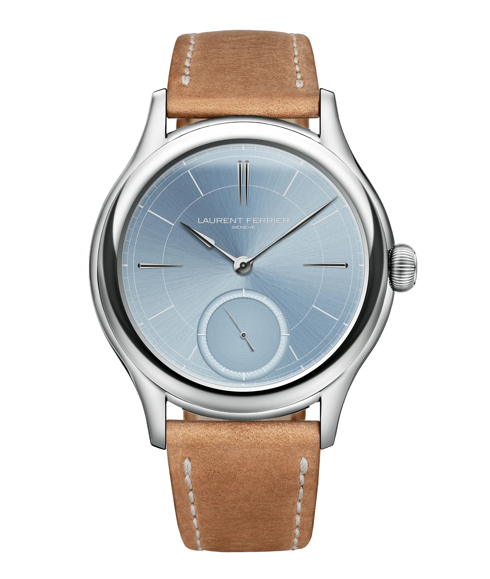A Laurent Ferréi wristwatch with a round silver-tone case, a light blue sunburst dial featuring a small subdial, and a tan leather strap with white stitching, shown against a plain white background.