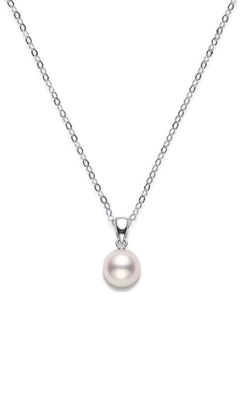 Pearl necklace with silver chain on a white background

Mikimoto Everyday Essentials Pendant Akoya Pearl White PPS702W Bandiera Jewellers