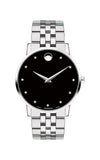 Silver watch with black face on a white background

Movado Museum Classic Watch 0607201 Bandiera Jewellers