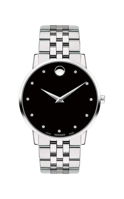 Silver watch with black face on a white background

Movado Museum Classic Watch 0607201 Bandiera Jewellers