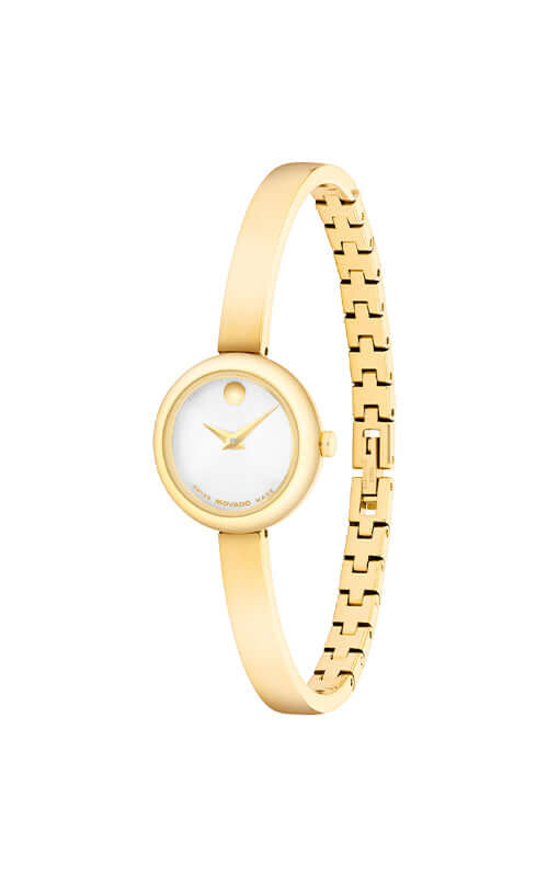 Gold wristwatch with a white face on a white background

Movado Museum Bangle 0608063 Bandiera Jewellers