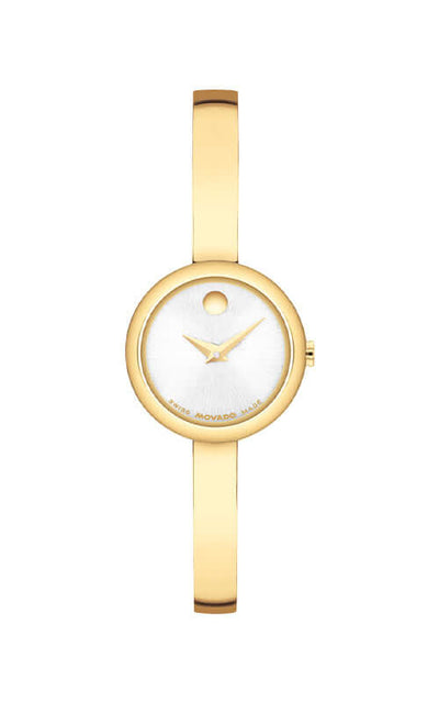 Gold wristwatch with a white face on a white background

Movado Museum Bangle 0608063 Bandiera Jewellers