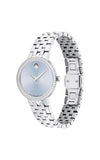 Silver watch with a light blue face on a white background

Movado Museum Classic 0608066 Bandiera Jewellers