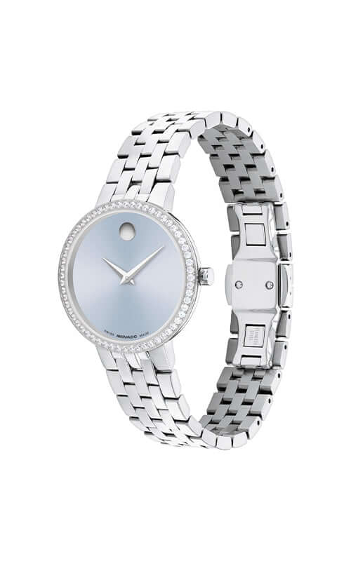 Silver watch with a light blue face on a white background

Movado Museum Classic 0608066 Bandiera Jewellers