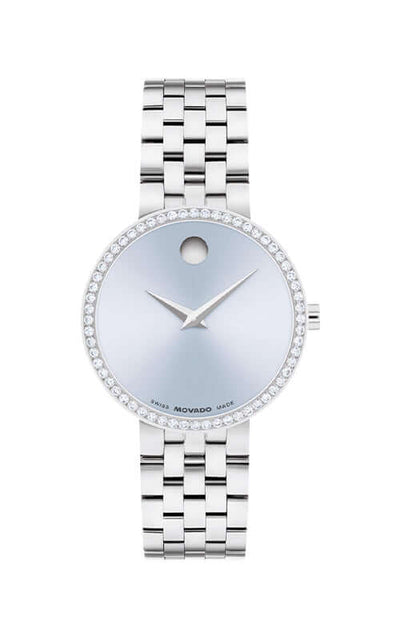 Silver watch with a detailed face on a white background

Movado Museum Classic 0608066 Bandiera Jewellers