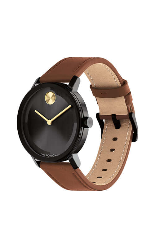 Watch with black face, gold accents, and brown leather strap on a white background

Movado BOLD Evolution 2.0 3601083 Bandiera Jewellers