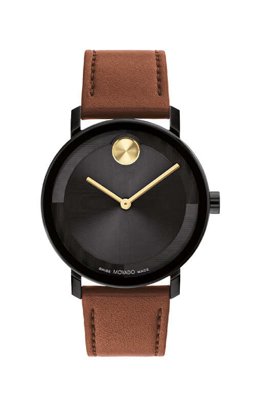 Watch with black face, gold accents, and brown leather strap on a white background

Movado BOLD Evolution 2.0 3601083 Bandiera Jewellers