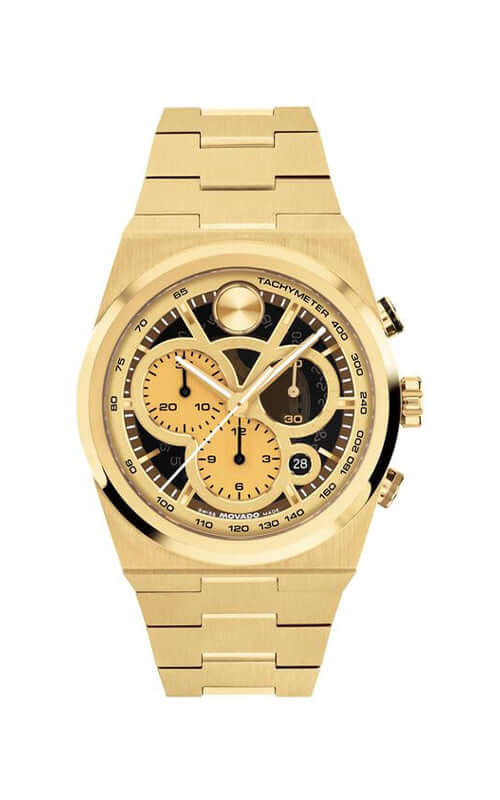 Gold wristwatch with a detailed face on a white background

Movado BOLD Chronograph Watch 3601185 Bandiera Jewellers