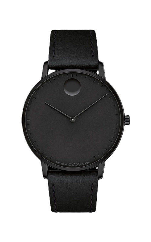 Black wristwatch with a minimalist design on a white background

Movado Face 3640107 / Bandiera Jewellers