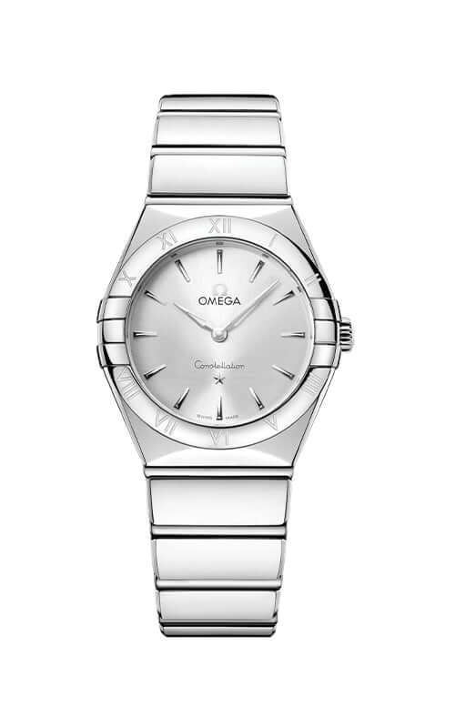 Silver Omega watch on a white background

Omega Constellation Ladies Watch 131.10.28.60.02.002 Bandiera Jewellers