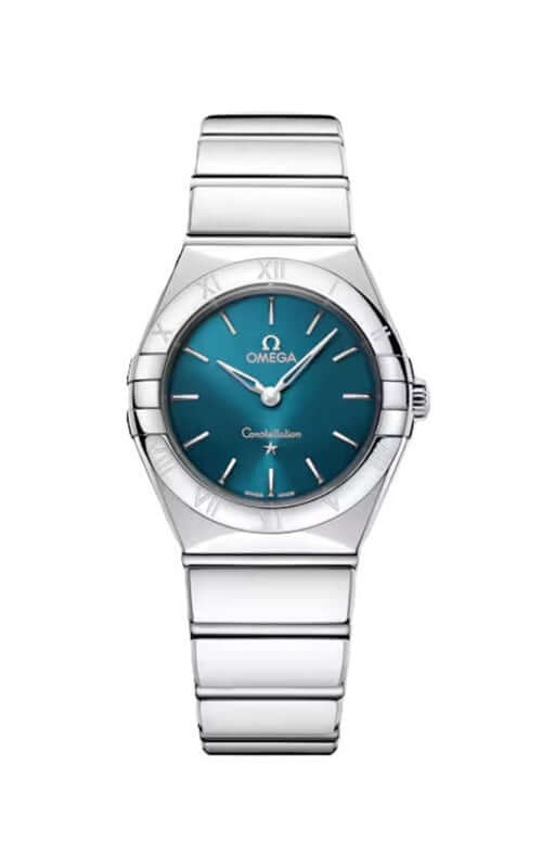 Silver watch with a blue face on a white background

Omega Constellation Ladies Watch 131.10.28.60.03.002 Bandiera Jewellers