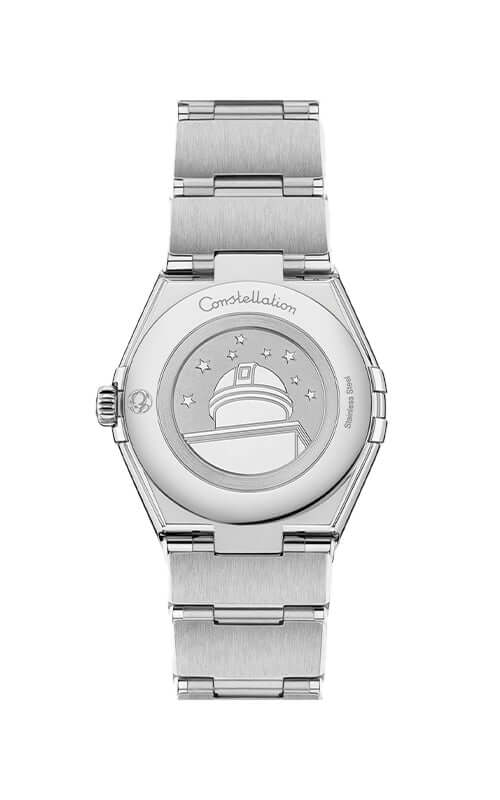 Silver Omega watch with a white face on a white background

Omega Constellation Quartz Watch 131.15.28.60.02.001 Bandiera Jewellers