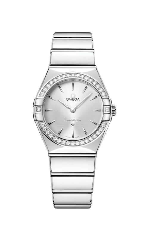 Silver Omega watch with a white face on a white background

Omega Constellation Quartz Watch 131.15.28.60.02.001 Bandiera Jewellers