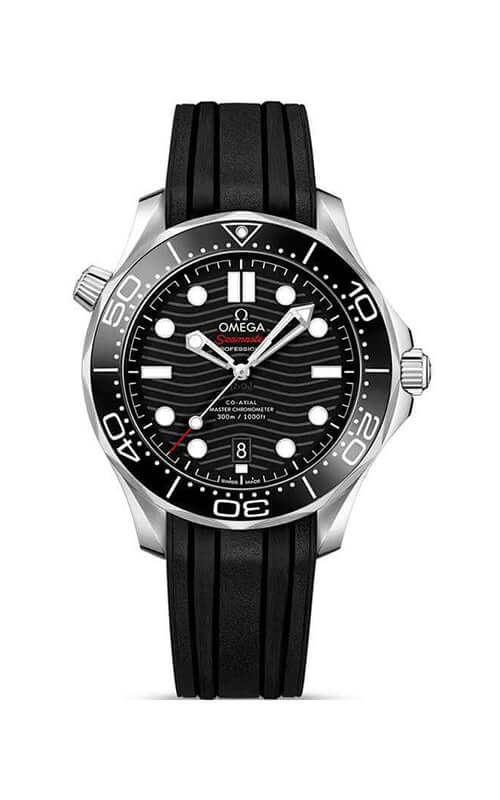 Omega watch with black rubber strap and black dial on a white background

Omega Seamaster Diver 300M  Mens Watch 210.32.42.20.01.003 Bandiera Jewellers
