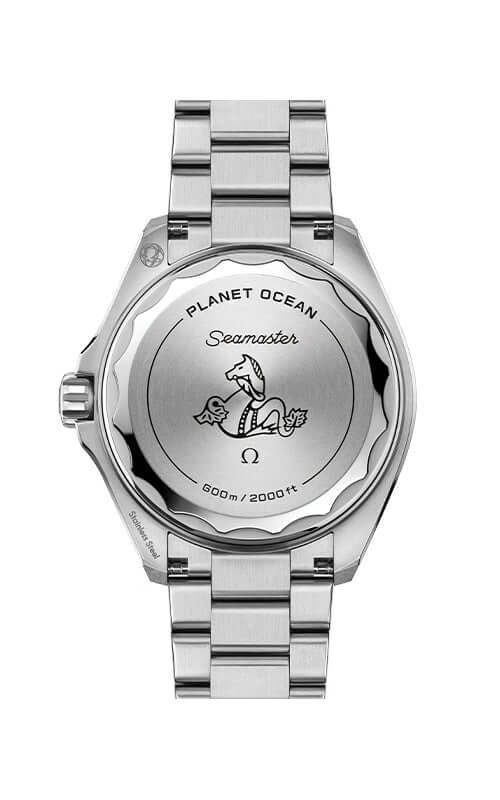 Silver watch with black dial on a white background

Omega Seamaster Planet Ocean 600M 217.30.42.21.01.001 Bandiera Jewellers