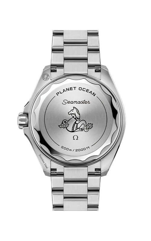 Silver watch with Omega branding on a white background

Omega Seamaster Planet Ocean 600M 217.30.42.21.01.003 Bandiera Jewellers