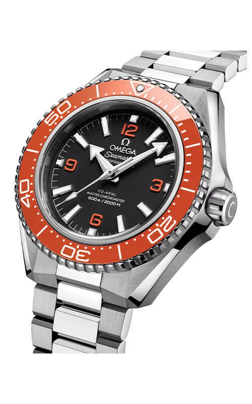 Omega watch with orange bezel and black face on a white background

Omega Seamaster Planet Ocean 600M 217.30.42.21.01.003 Bandiera Jewellers