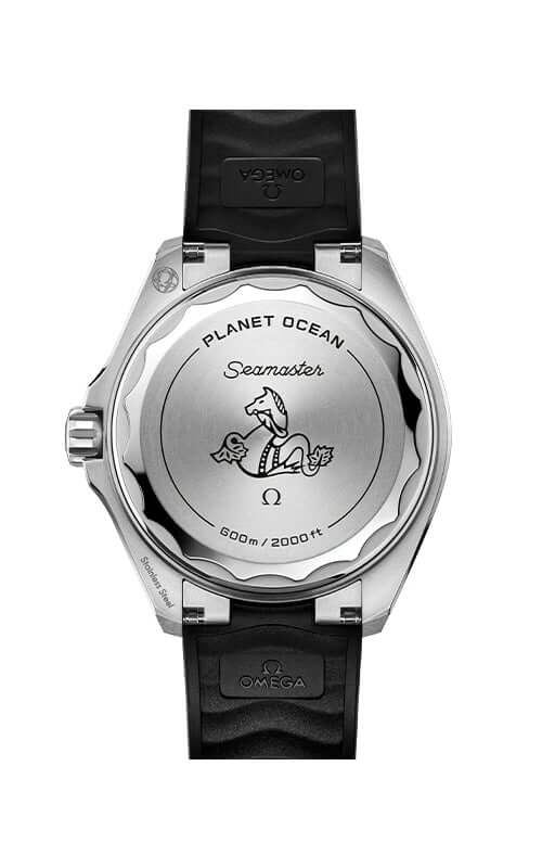 Omega watch caseback with branding and model details on a white background

Omega Seamaster Planet Ocean 600M 217.32.42.21.01.001 Bandiera Jewellers