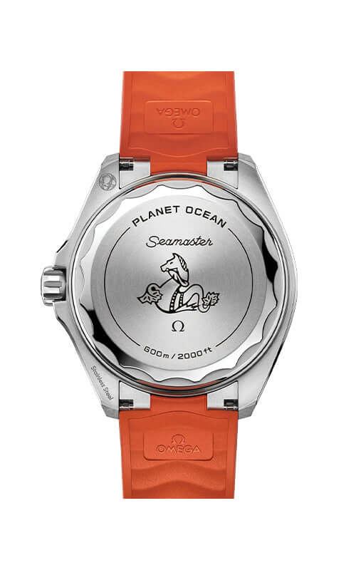 Omega watch with orange strap and black dial on a white background

Omega Seamaster Planet Ocean 600M 217.32.42.21.01.004 Bandiera Jewellers