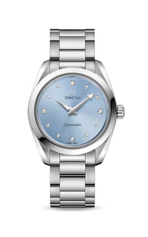 Silver Omega watch with a blue face on a white background

Omega Seamaster Aqua Terra 150M 220.10.28.60.53.001 Bandiera Jewellers