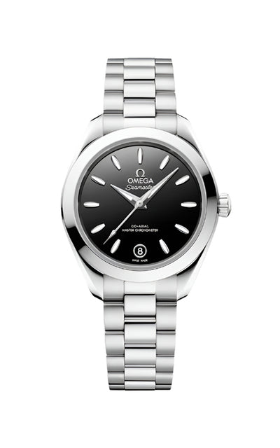 Silver Omega watch with black dial on a white background

Omega Seamaster Aqua Terra 150M 220.10.30.20.01.001 Bandiera Jewellers