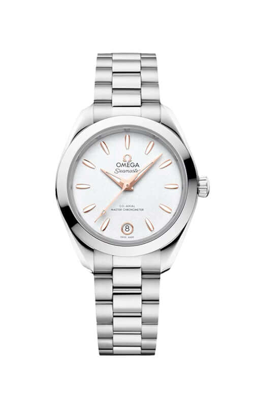 Silver Omega watch with white face on a white background

Omega Seamaster Aqua Terra 150M 220.10.30.20.02.001 Bandiera Jewellers