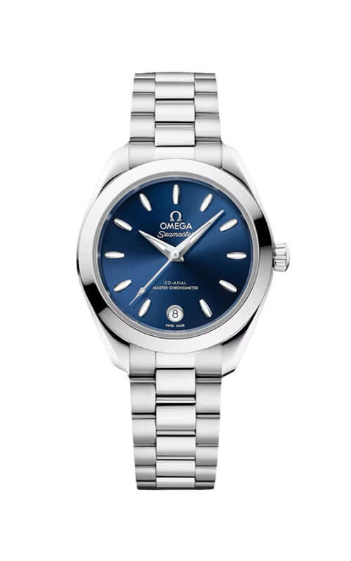 Silver Omega watch with blue face on a white background

Omega Seamaster Aqua Terra 150M 220.10.30.20.03.001 Bandiera Jewellers