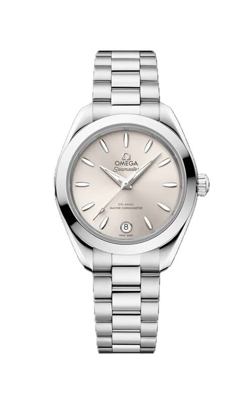 Silver Omega watch with a white face on a white background

Omega Seamaster Aqua Terra 150M 220.10.30.20.09.001 Bandiera Jewellers