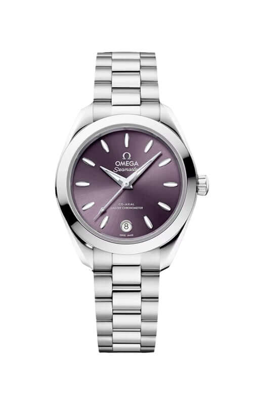 Silver Omega watch with a purple face on a white background

Omega Seamaster Aqua Terra 150M 220.10.30.20.10.002 Bandiera Jewellers