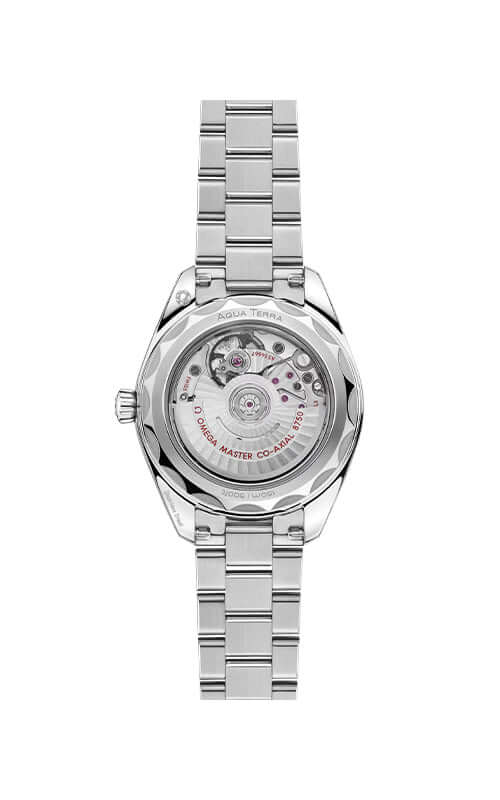 Silver watch with a detailed face on a white background

Omega Seamaster Aqua Terra 150M 220.10.30.20.55.001 Bandiera Jewellers